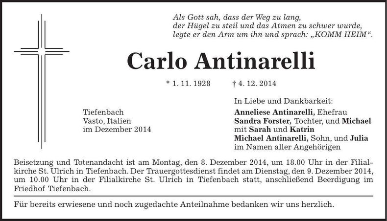 Traueranzeige Carlo Antinarelli