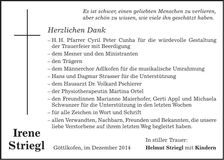 Traueranzeige Irene Striegl