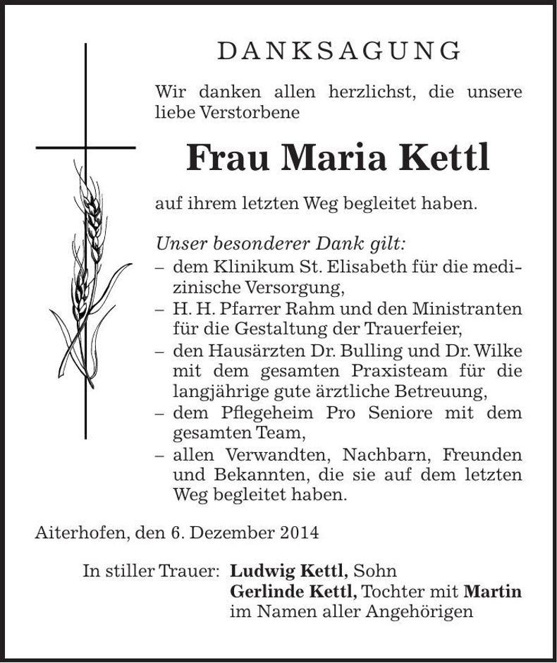 Traueranzeige Maria Kettl
