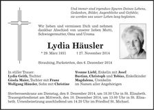 Traueranzeige Lydia Häusler