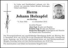 Traueranzeige Johann Holzapfel