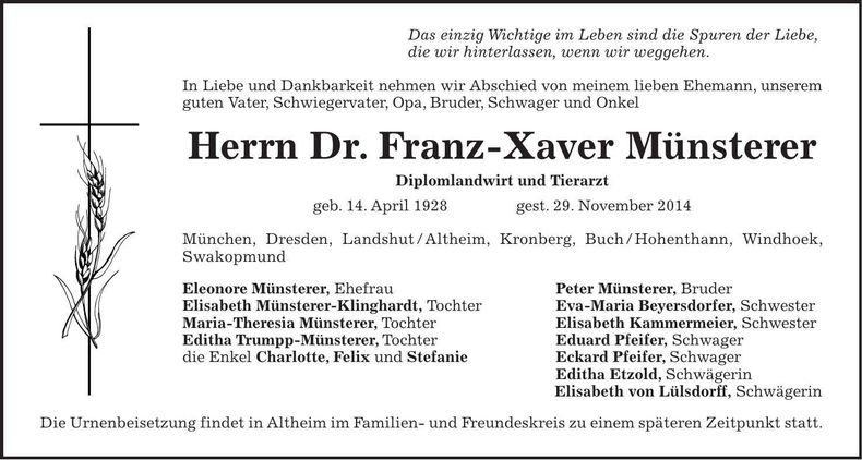 Traueranzeige Franz-Xaver Münsterer
