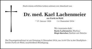 Traueranzeige Karl Lachenmeier