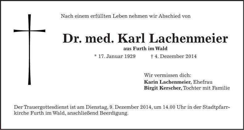 Traueranzeige Karl Lachenmeier