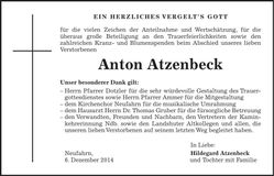 Traueranzeige Anton Atzenbeck