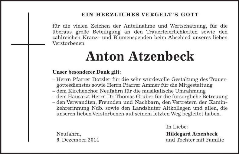 Traueranzeige Anton Atzenbeck