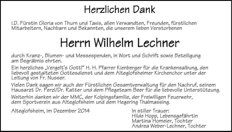 Traueranzeige Wilhelm Lechner