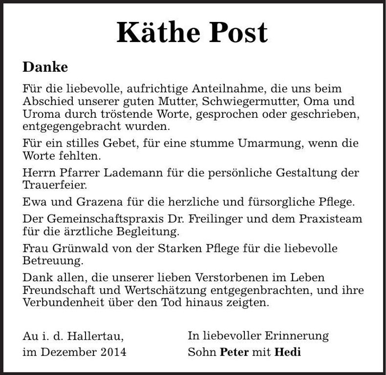 Traueranzeige Käthe Post