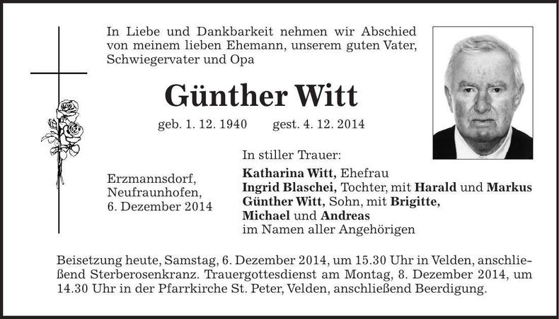 Traueranzeige Günther Witt