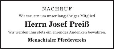 Traueranzeige Josef Preiß