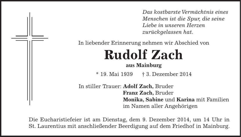 Traueranzeige Rudolf Zach