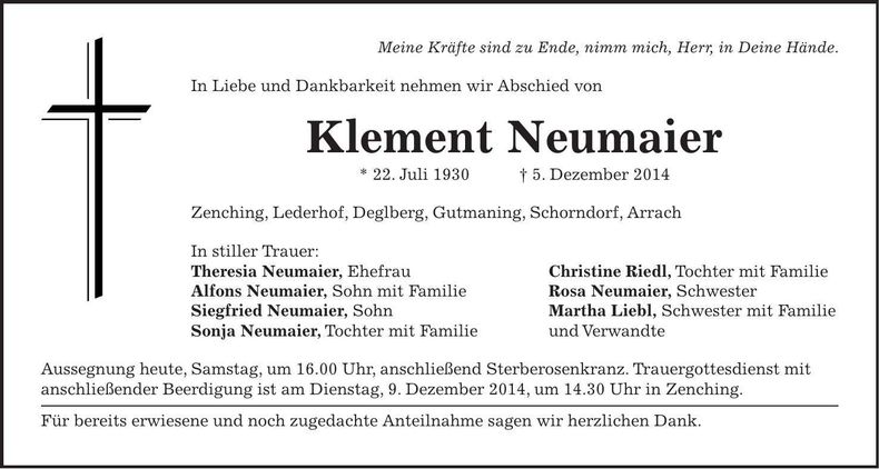 Traueranzeige Klement Neumaier