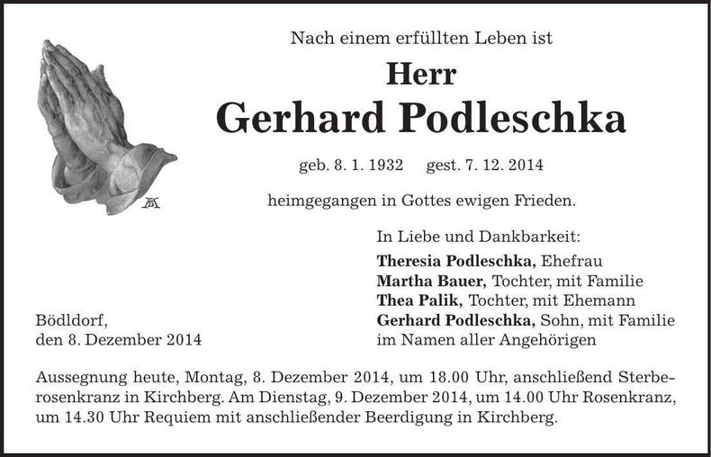 Traueranzeige Gerhard Podleschka