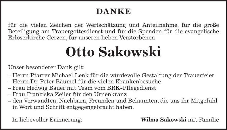 Traueranzeige Otto Sakowski