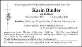 Traueranzeige Karin Binder