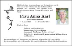 Traueranzeige Anna Karl