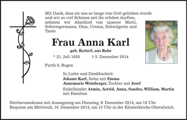 Traueranzeige Anna Karl