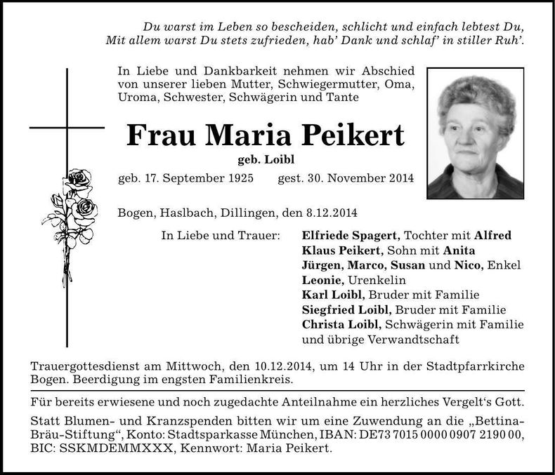 Traueranzeige Maria Peikert