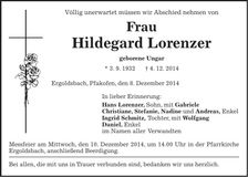 Traueranzeige Hildegard Lorenzer