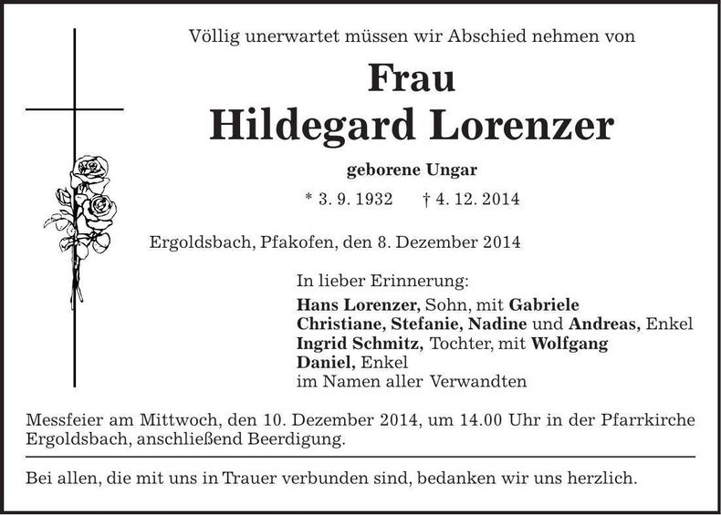 Traueranzeige Hildegard Lorenzer