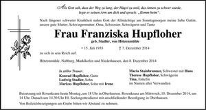 Traueranzeige Franziska Hupfloher