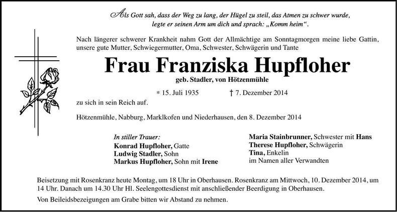 Traueranzeige Franziska Hupfloher