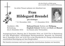 Traueranzeige Hildegard Brendel