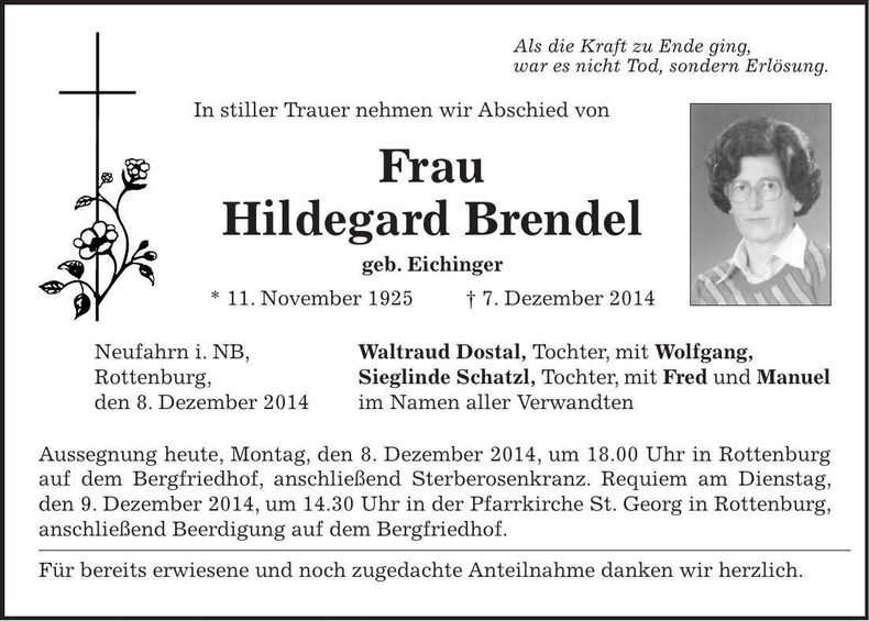 Traueranzeige Hildegard Brendel