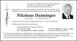 Traueranzeige Nikolaus Daiminger