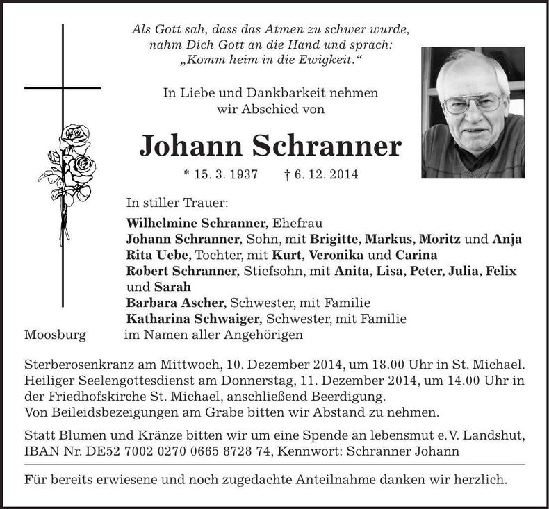 Traueranzeige Johann Schranner