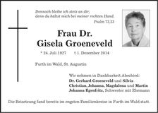 Traueranzeige Gisela Dr. Groeneveld