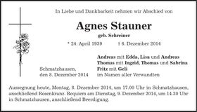Traueranzeige Agnes Stauner
