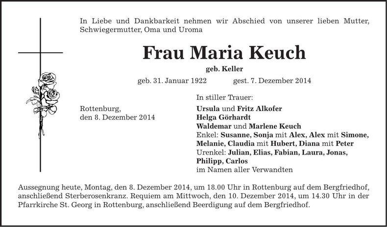Traueranzeige Maria Keuch