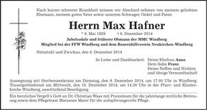 Traueranzeige Max Hafner