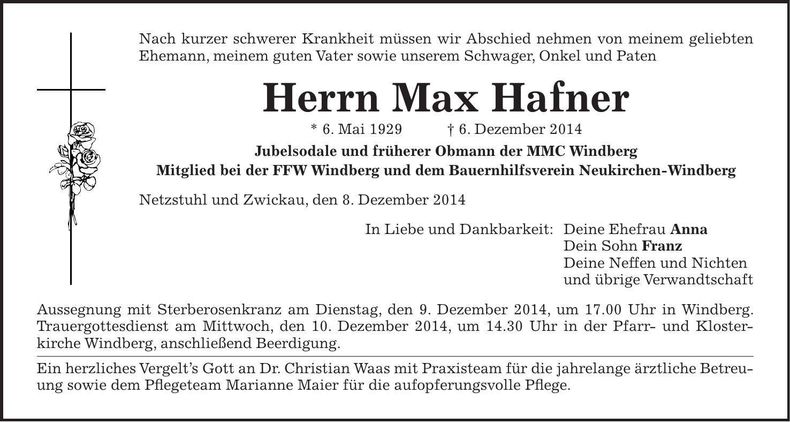 Traueranzeige Max Hafner