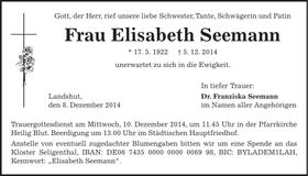 Traueranzeige Elisabeth Seemann
