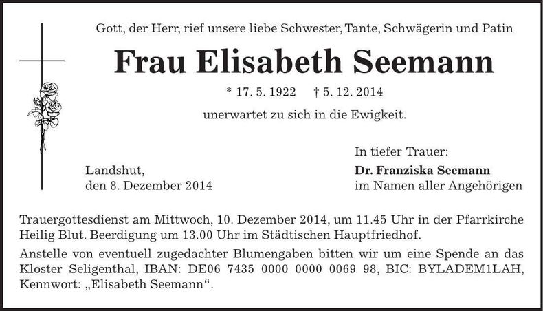 Traueranzeige Elisabeth Seemann