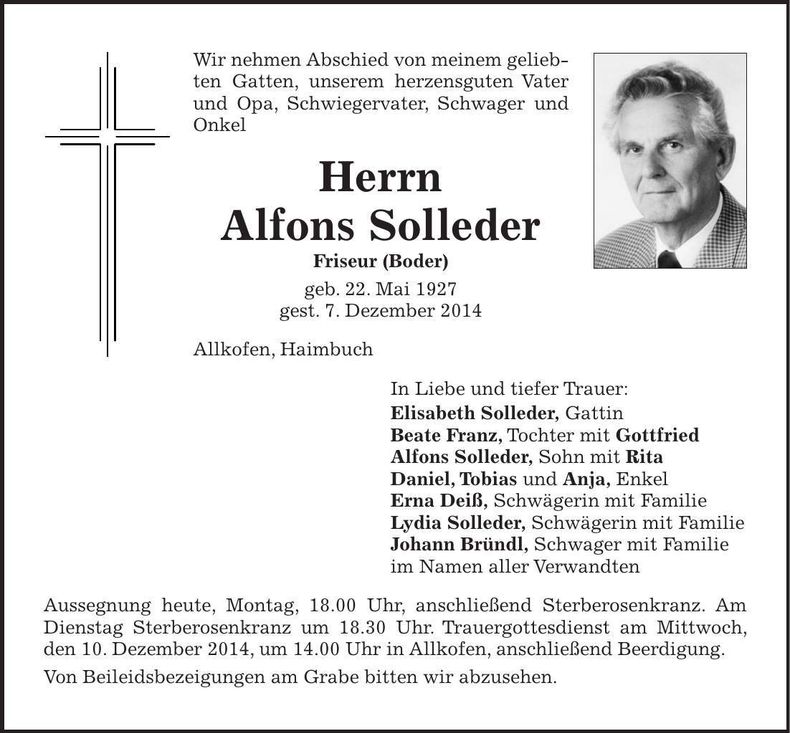 Traueranzeige Alfons Solleder