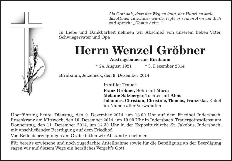 Traueranzeige Wenzel Gröbner