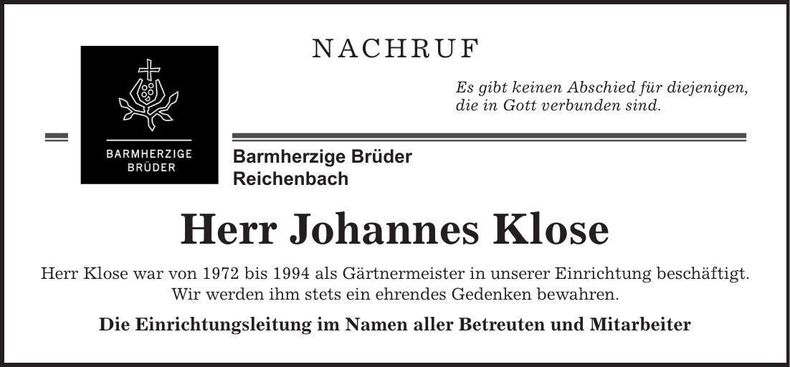 Traueranzeige Johannes Klose