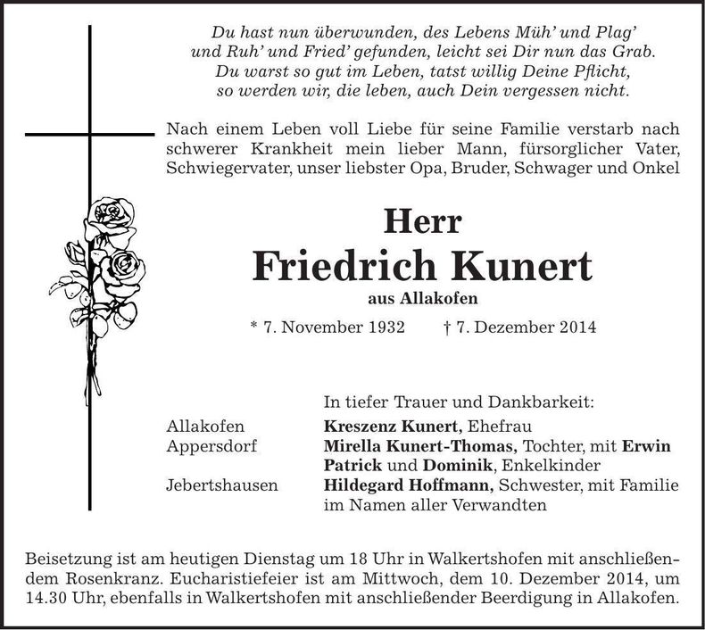 Traueranzeige Friedrich Kunert