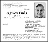 Traueranzeige Agnes Bals