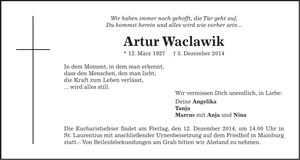 Traueranzeige Artur Waclawik