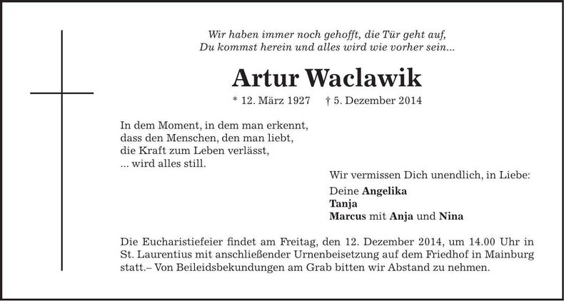Traueranzeige Artur Waclawik