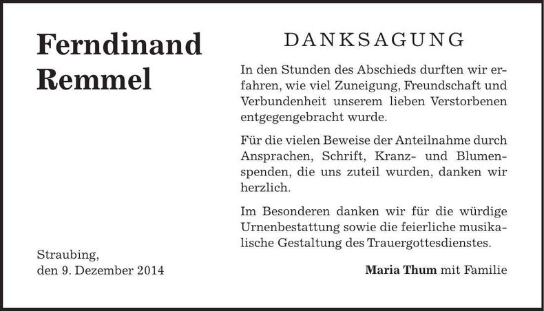 Traueranzeige Ferdinand Remmel