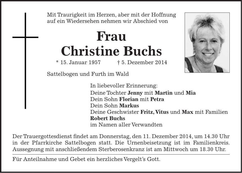 Traueranzeige Christine Buchs