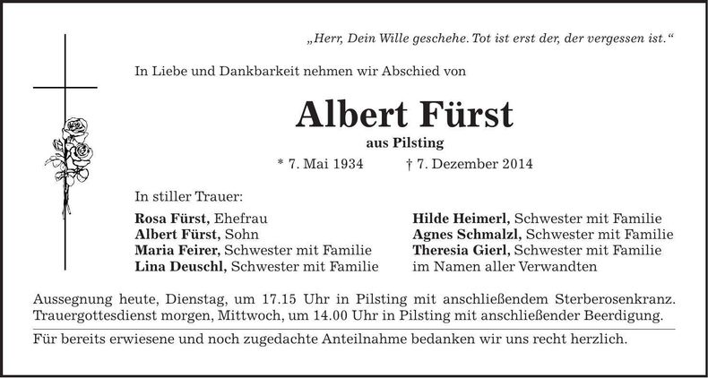 Traueranzeige Albert Fürst