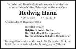 Traueranzeige Hedwig Hann