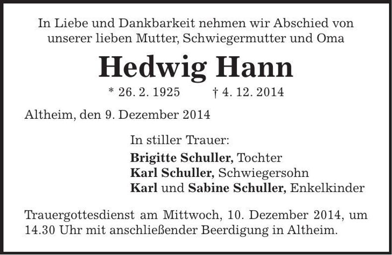 Traueranzeige Hedwig Hann