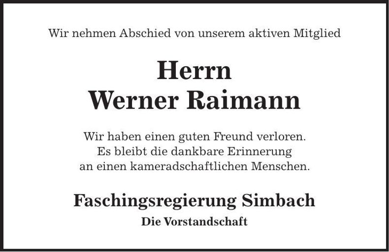 Traueranzeige Werner Raimann